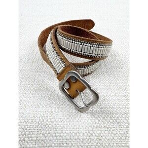 Lucky Brand Women's Brown Leather White Silver Beaded Belt